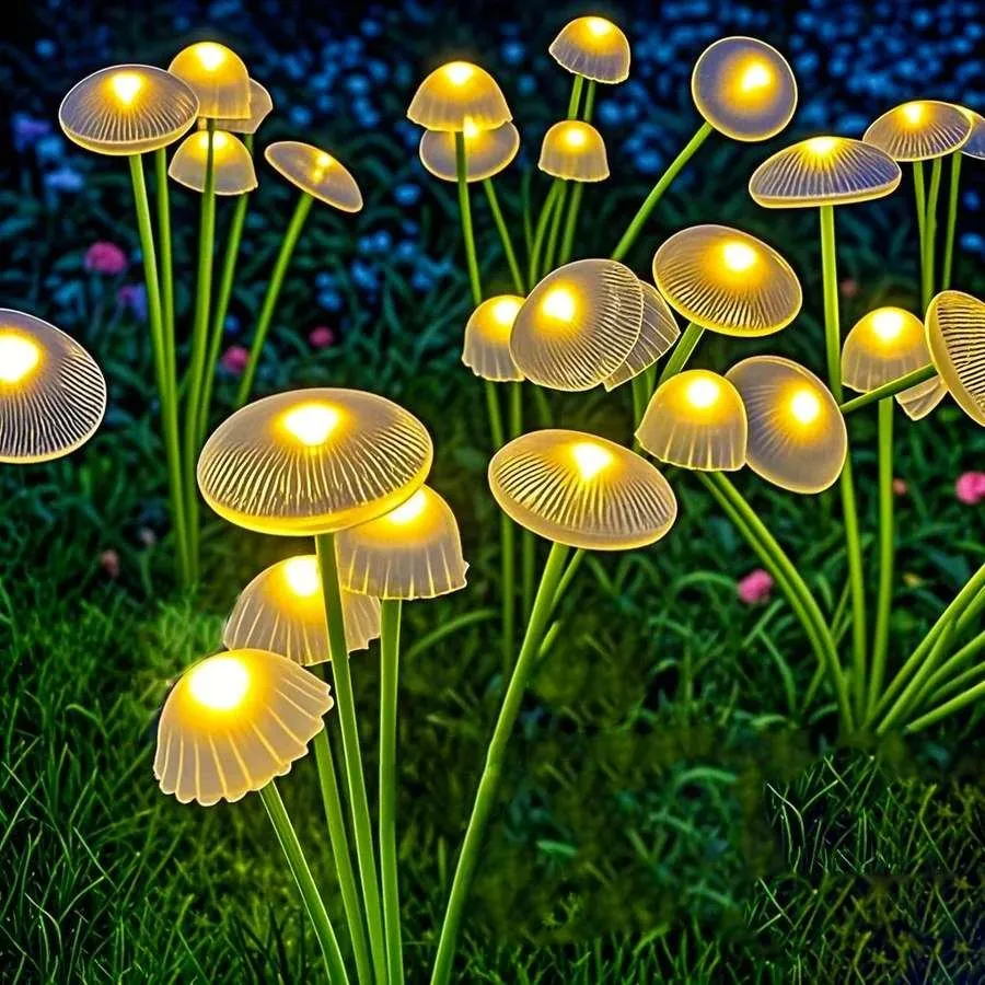 Solar mushroom garden lights glowing at dusk